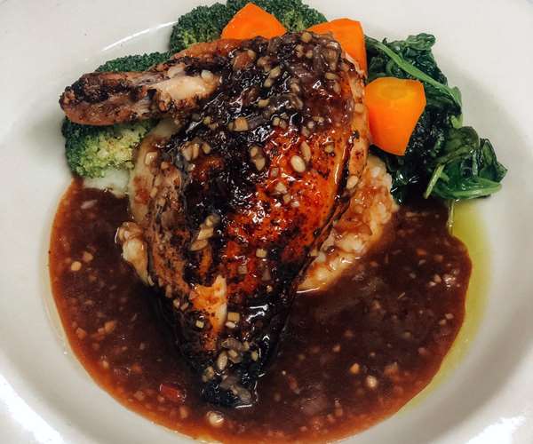 Stuffed Chicken Stattler (with Local Chevre) in a Ginger Soy Glaze, Served with Mashed Potatoes & Seasonal Veg.